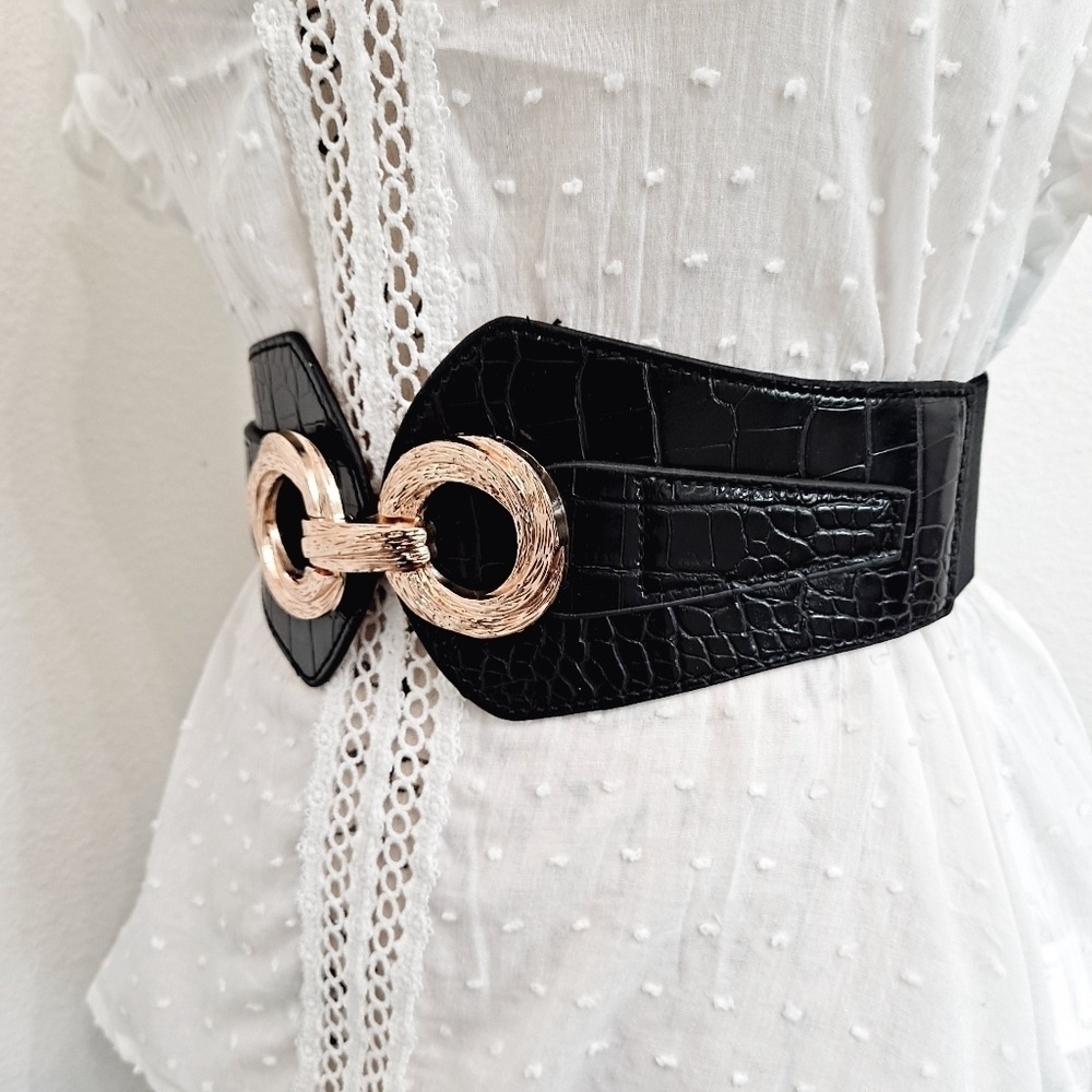 Black Croc Embossed Wide Elastic Waist Belt M Gold Buckle Statement Party event - Picture 5 of 7